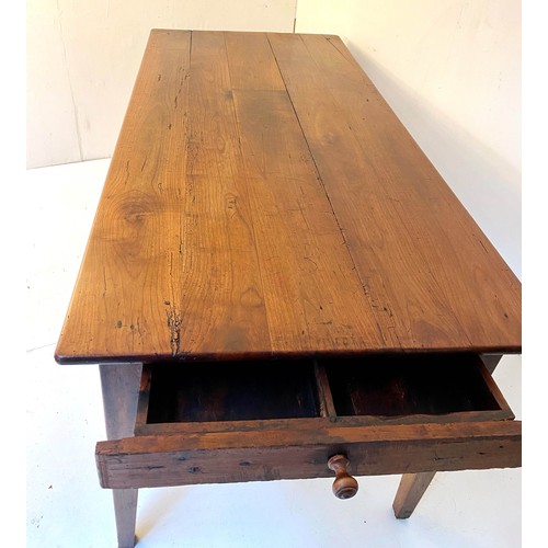 384 - FARMHOUSE KITCHEN TABLE, 77cm x 186cm x 87cm, 19th century French cherrywood with single drawer to o... 