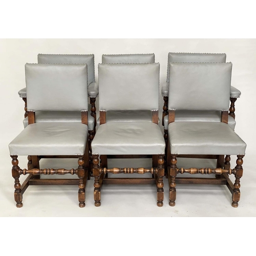 92 - DINING CHAIRS, a set of six, oak and studded grey leather including two armchairs, 64cm W. (6)