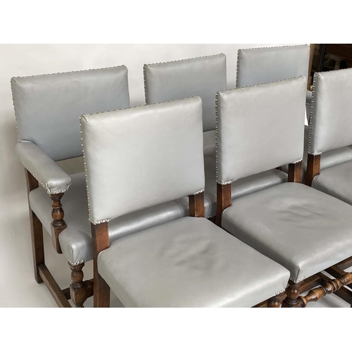 92 - DINING CHAIRS, a set of six, oak and studded grey leather including two armchairs, 64cm W. (6)