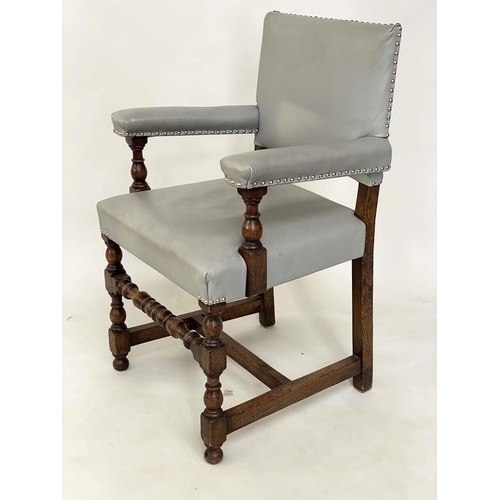 92 - DINING CHAIRS, a set of six, oak and studded grey leather including two armchairs, 64cm W. (6)