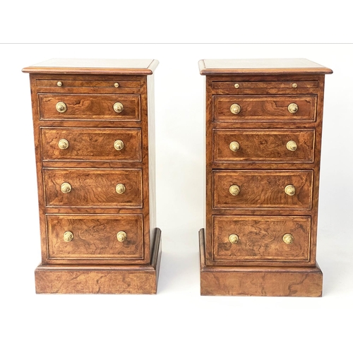 81 - BEDSIDE CHESTS, 73cm H x 40cm W 37cm D, a pair, burr walnut and crossbanded, each with brushing slid... 