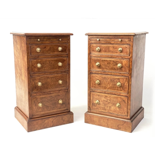 81 - BEDSIDE CHESTS, 73cm H x 40cm W 37cm D, a pair, burr walnut and crossbanded, each with brushing slid... 