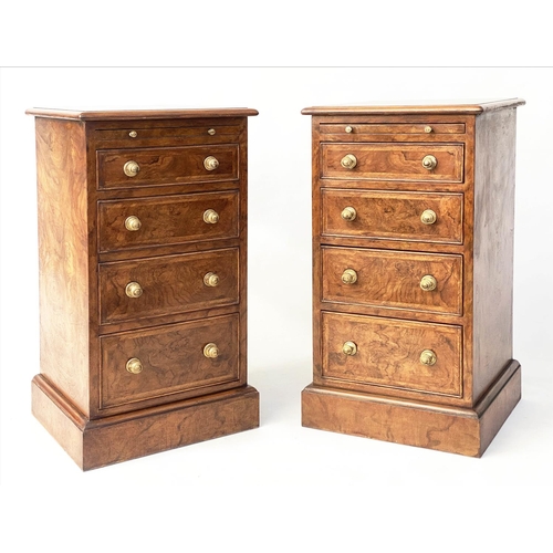 81 - BEDSIDE CHESTS, 73cm H x 40cm W 37cm D, a pair, burr walnut and crossbanded, each with brushing slid... 