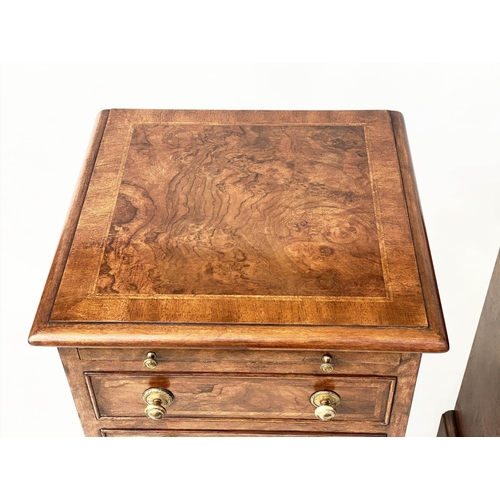 81 - BEDSIDE CHESTS, 73cm H x 40cm W 37cm D, a pair, burr walnut and crossbanded, each with brushing slid... 