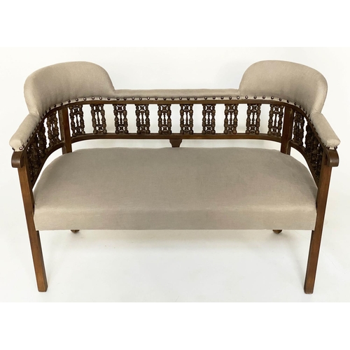 181 - HALL BENCH, late 19th century Moorish hardwood with enclosing raised back and studded linen upholste... 