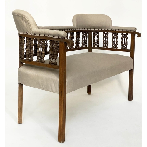 181 - HALL BENCH, late 19th century Moorish hardwood with enclosing raised back and studded linen upholste... 