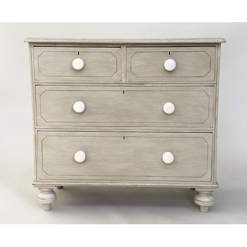 174 - CHEST, 19th century English grey painted and black lined with two short and two long drawers, 92cm x... 