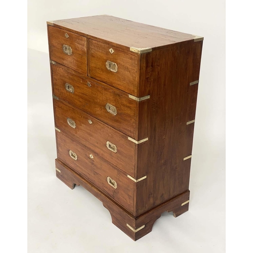 173 - CAMPAIGN CHEST, early 20th century Anglo Indian teak and brass bound with two short and three long d... 