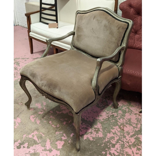 221 - FAUTEUIL, white metal clad, brown velvet upholstered seat and back, 93cm H x 65cm W x 62cm D.