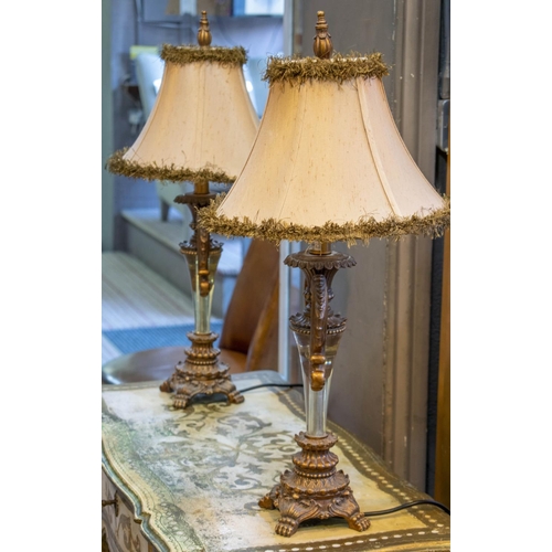 222 - TABLE LAMPS, 64cm H, a pair, gilt and perspex with shades. (2)