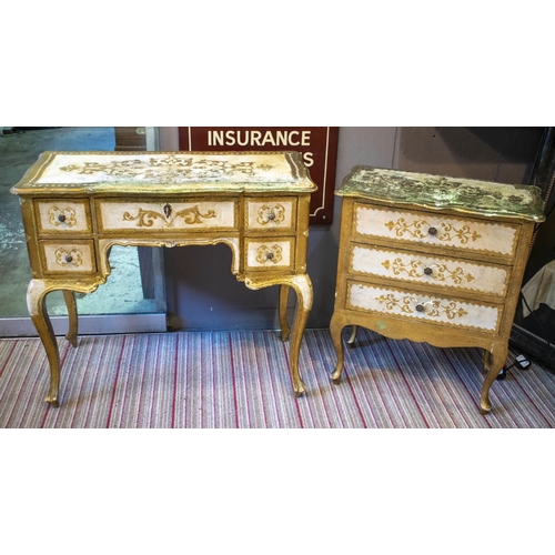 223 - DESK/DRESSING TABLE, 74cm H x 85cm W x 41cm D, Florentine style, cream and gilt with five drawers an... 