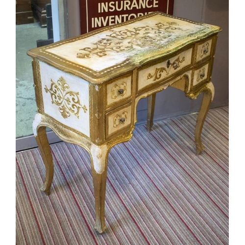 223 - DESK/DRESSING TABLE, 74cm H x 85cm W x 41cm D, Florentine style, cream and gilt with five drawers an... 