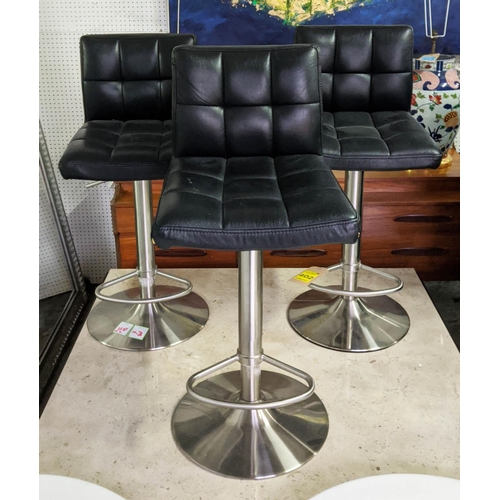 402 - BAR STOOLS, black vinyl, stainless steel bases, adjustable height and swivel action, 92cm H x 40cm W... 