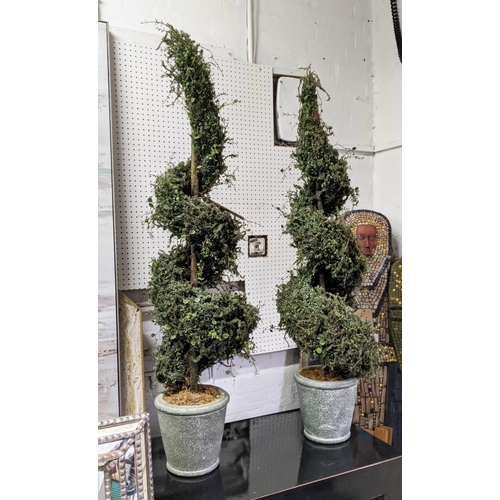 404 - FAUX SPIRAL TOPIARY TREES, pair, in planters, 120cm H.