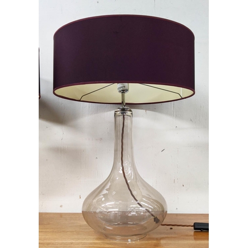 406 - GLASS TABLE LAMPS, a pair, purple shades, baluster shaped bases, 66cm H x 46cm D. (2)