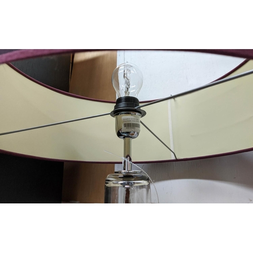 406 - GLASS TABLE LAMPS, a pair, purple shades, baluster shaped bases, 66cm H x 46cm D. (2)