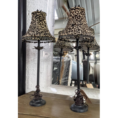 407 - TABLE LAMPS, leopard print shades, bronzed bases, 72cm H. (2)