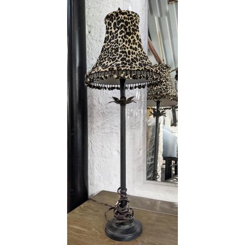 407 - TABLE LAMPS, leopard print shades, bronzed bases, 72cm H. (2)