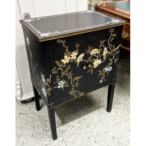 473 - BEDSIDE CABINET, 60cm W x 83cm H x 40cm D ebonised with bird and floral decoration having two panell... 