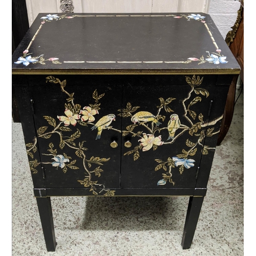 473 - BEDSIDE CABINET, 60cm W x 83cm H x 40cm D ebonised with bird and floral decoration having two panell... 