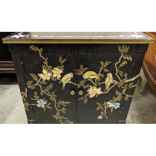 473 - BEDSIDE CABINET, 60cm W x 83cm H x 40cm D ebonised with bird and floral decoration having two panell... 