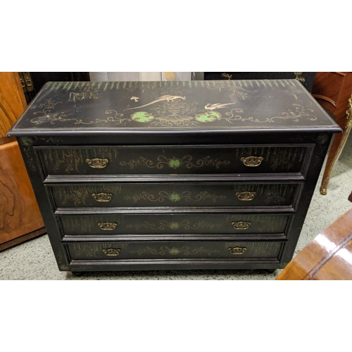 474 - INDIA JANE COMMODE, 110cm W x 83cm H x 45cm D ebonised with bird, foliate and urn decoration having ... 