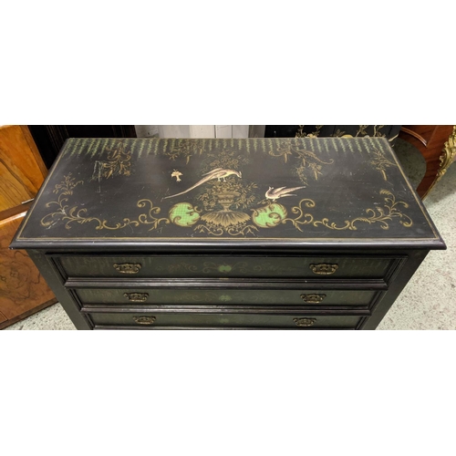 474 - INDIA JANE COMMODE, 110cm W x 83cm H x 45cm D ebonised with bird, foliate and urn decoration having ... 