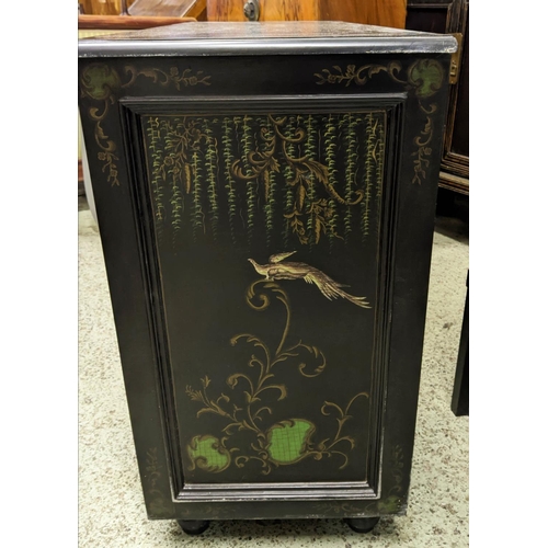 474 - INDIA JANE COMMODE, 110cm W x 83cm H x 45cm D ebonised with bird, foliate and urn decoration having ... 