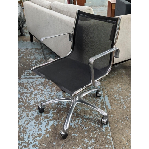 475 - DESK CHAIR, polished metal, adjustable height, mesh seat, 92cm H x 55cm W x 70cm D at base.