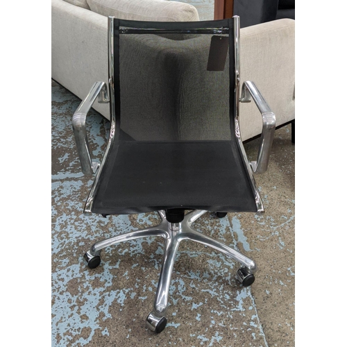 475 - DESK CHAIR, polished metal, adjustable height, mesh seat, 92cm H x 55cm W x 70cm D at base.