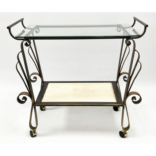 150 - COCKTAIL TROLLEY, Spanish wrought iron and travertine with rectangular glass top, 80cm H x 85cm W x ... 