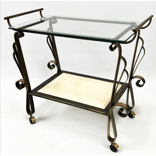 150 - COCKTAIL TROLLEY, Spanish wrought iron and travertine with rectangular glass top, 80cm H x 85cm W x ... 