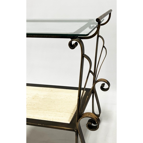 150 - COCKTAIL TROLLEY, Spanish wrought iron and travertine with rectangular glass top, 80cm H x 85cm W x ... 