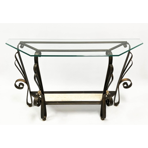 151 - CONSOLE TABLE, Spanish wrought iron and travertine with a glass top, to match the previous lot, 82cm... 