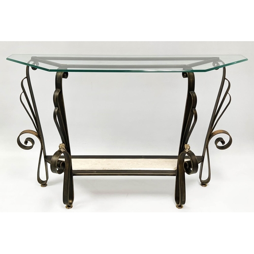 151 - CONSOLE TABLE, Spanish wrought iron and travertine with a glass top, to match the previous lot, 82cm... 