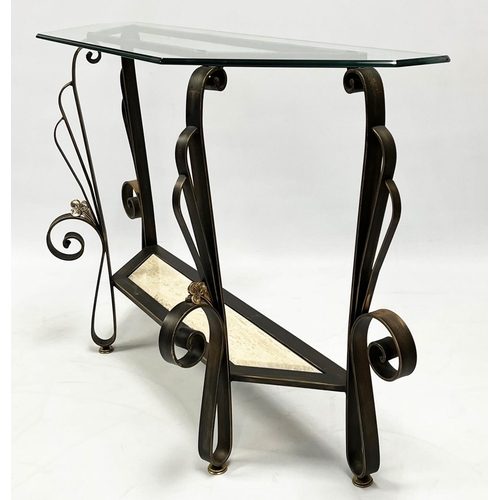 151 - CONSOLE TABLE, Spanish wrought iron and travertine with a glass top, to match the previous lot, 82cm... 