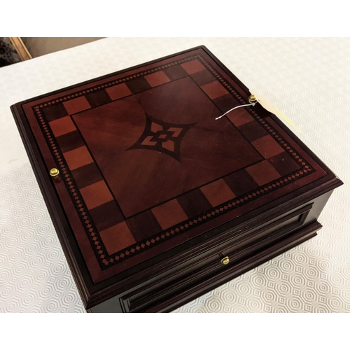 217 - GAMES SET, 41cm x 41cm x 18cm, with chess and back gammon boards, two compartments, one containing v... 