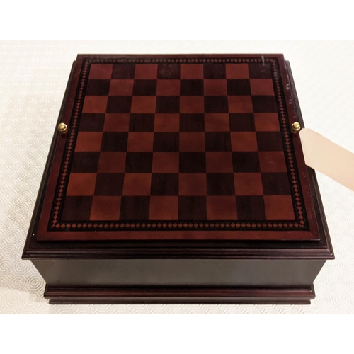 217 - GAMES SET, 41cm x 41cm x 18cm, with chess and back gammon boards, two compartments, one containing v... 