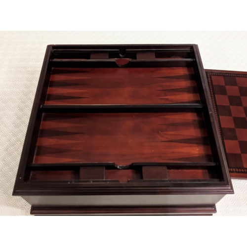 217 - GAMES SET, 41cm x 41cm x 18cm, with chess and back gammon boards, two compartments, one containing v... 