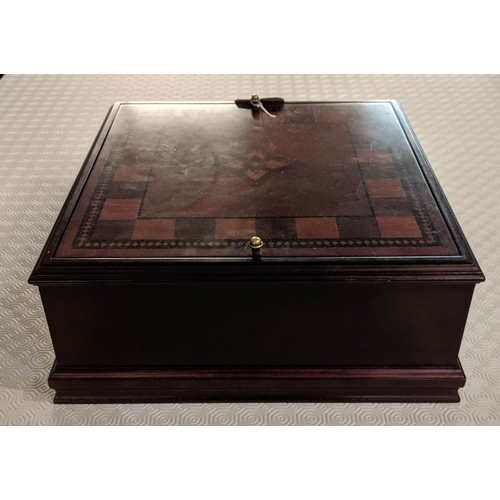 217 - GAMES SET, 41cm x 41cm x 18cm, with chess and back gammon boards, two compartments, one containing v... 