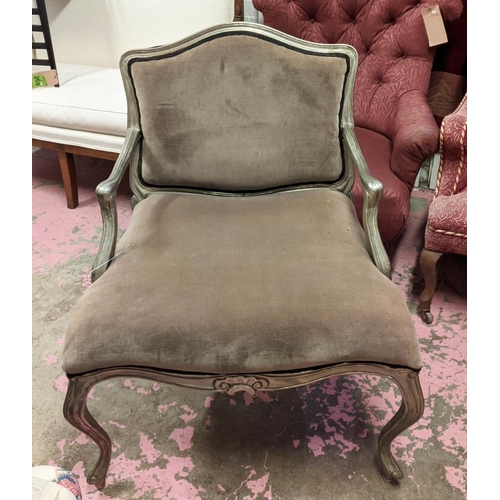 221 - FAUTEUIL, white metal clad, brown velvet upholstered seat and back, 93cm H x 65cm W x 62cm D.