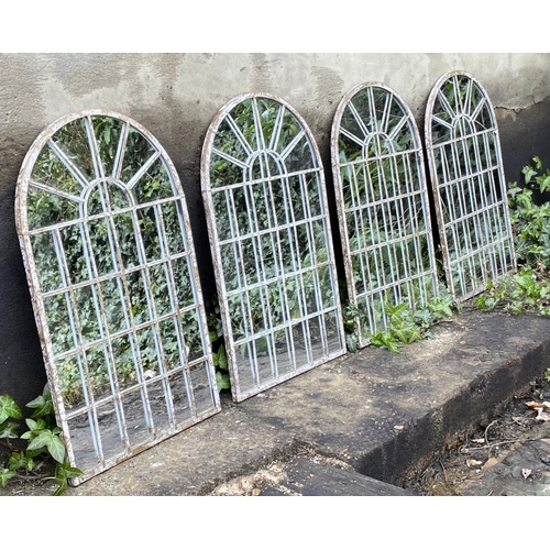 421 - ARCHITECTURAL GARDEN MIRRORS, a set of 4, arched top aged metal frames, 60cm x 36cm.