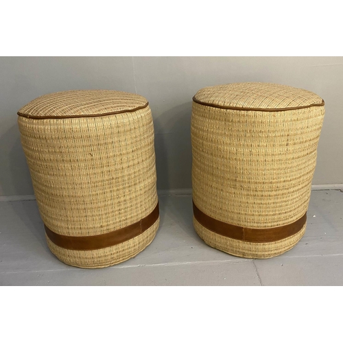 429 - STOOLS, a pair, 50cm x 40cm diam., thick woven fabric upholstered with faux leather detail. (2)