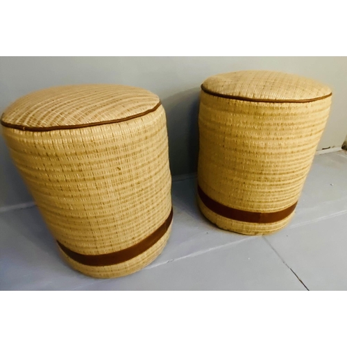 429 - STOOLS, a pair, 50cm x 40cm diam., thick woven fabric upholstered with faux leather detail. (2)