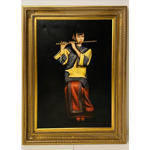 431 - CONTEMPORARY SCHOOL, Chinese flute player, 112cm x 82cm, oleograph, framed.