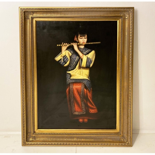 431 - CONTEMPORARY SCHOOL, Chinese flute player, 112cm x 82cm, oleograph, framed.