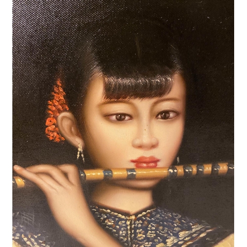 431 - CONTEMPORARY SCHOOL, Chinese flute player, 112cm x 82cm, oleograph, framed.