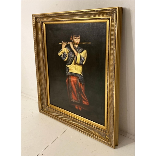 431 - CONTEMPORARY SCHOOL, Chinese flute player, 112cm x 82cm, oleograph, framed.