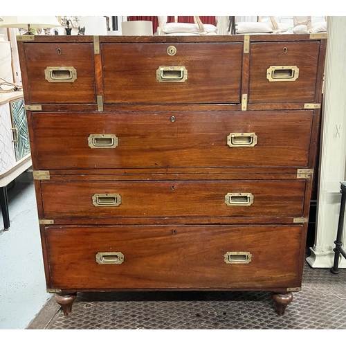 71 - CAMPAIGN CHEST, 99cm W X 110cm H x 48cm D 19th century mahogany and brass bound in two parts with si... 