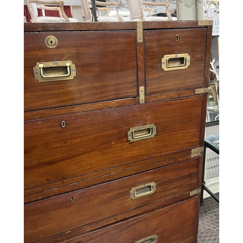 71 - CAMPAIGN CHEST, 99cm W X 110cm H x 48cm D 19th century mahogany and brass bound in two parts with si... 